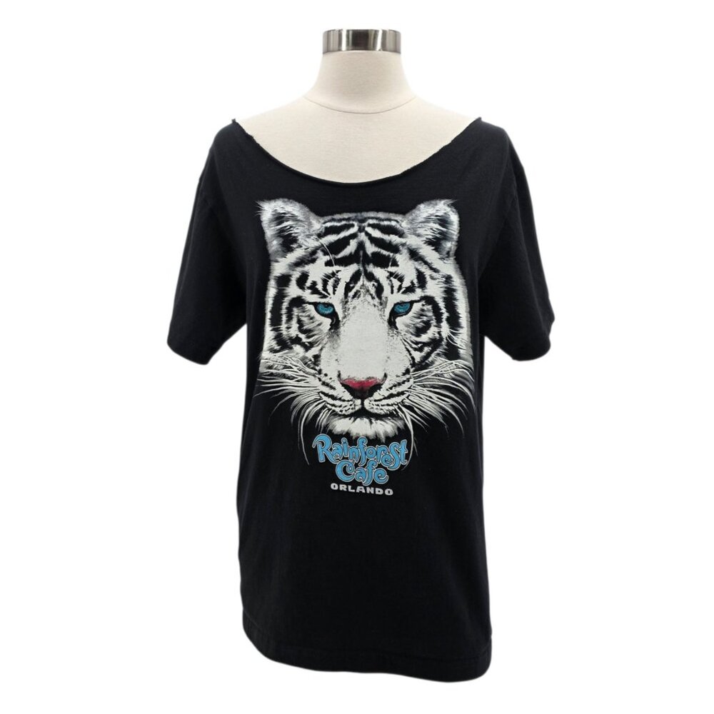 Vintage Rainforest Cafe Womens Large Top White Tiger Orlando *Custom Cut Neck*